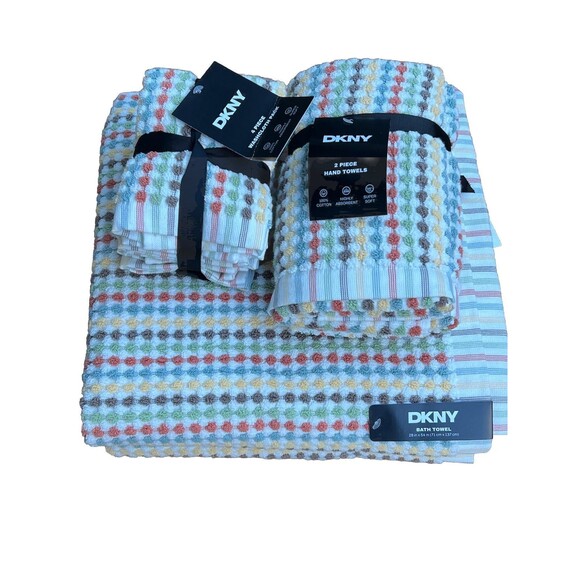 DKNY 2 Bath & 2 Hand Towels & 4 Washcloths Gingham Multicolor Tile Dots 8 Piece - Picture 1 of 5
